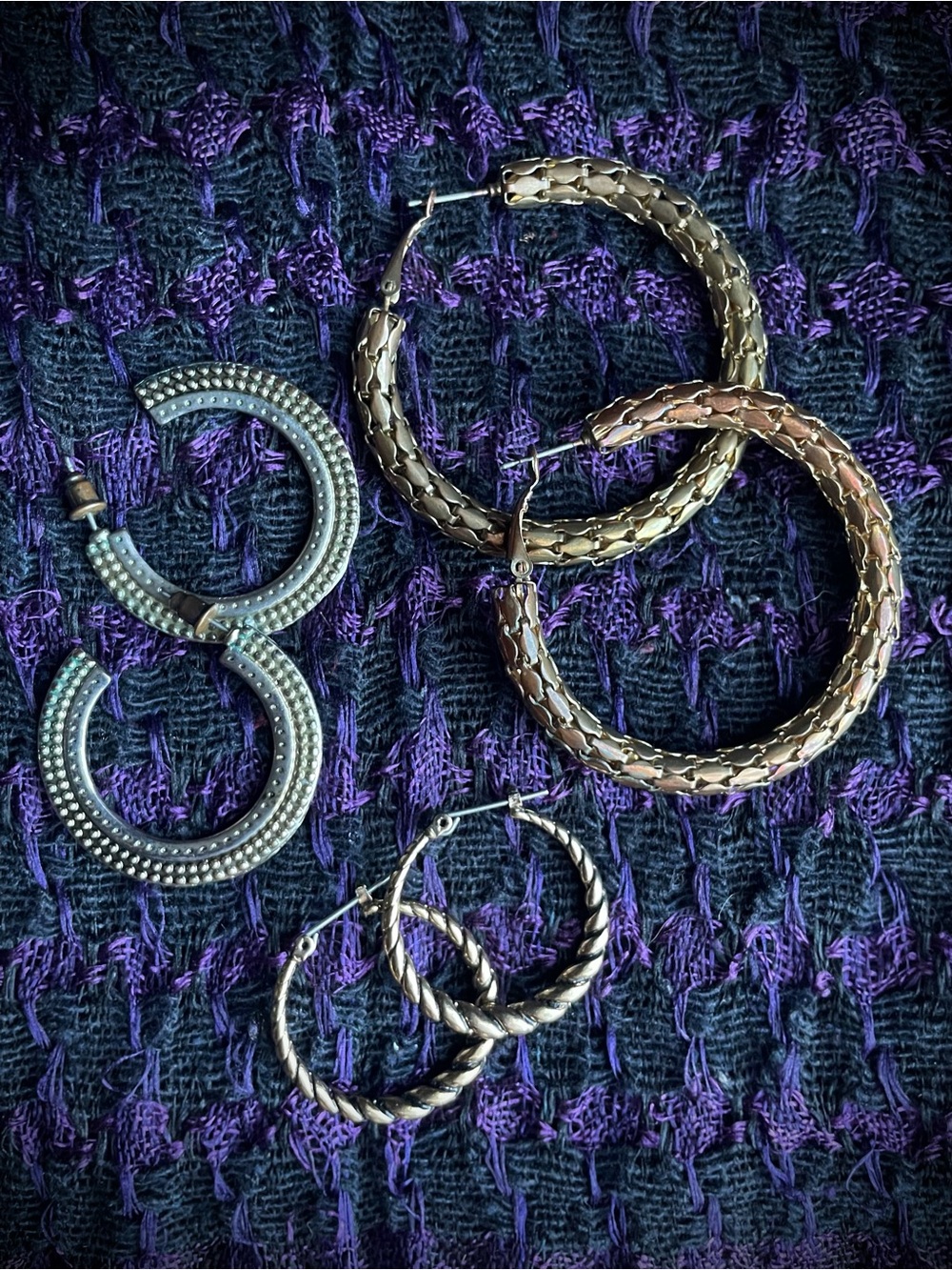 3 Pairs Vintage Hoop Earrings Silver Bronze Gold Toned